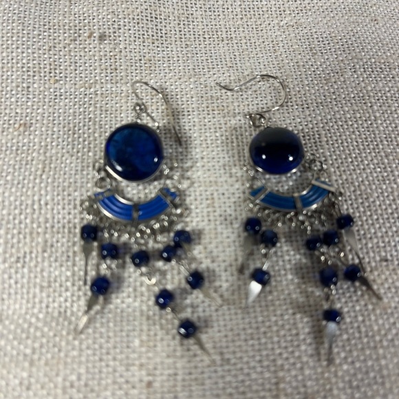 Handmade Blue Beaded Dangle Earrings - Picture 2 of 6